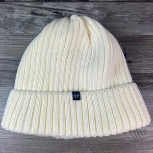 Hot Paws Cream Ribbed Knit Cuffed Beanie Faux Fur Lined Winter Hat OS Adult